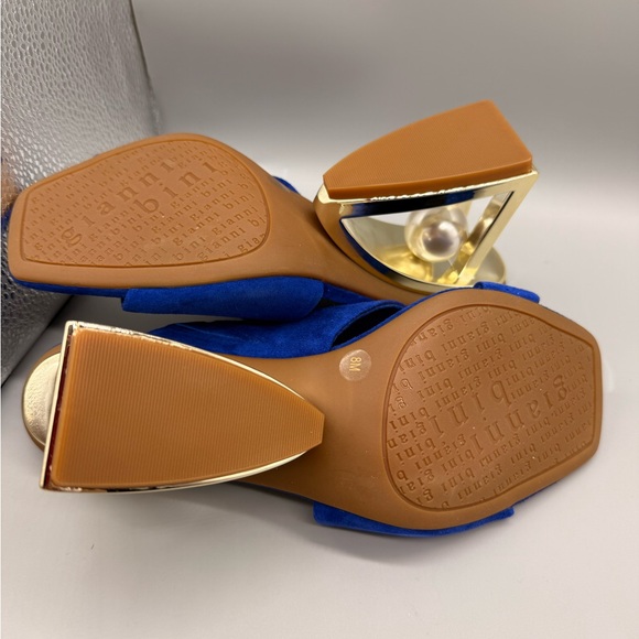 Gianni Bini Paityn suede mules in blue with a gold architectural heel. - Picture 9 of 10